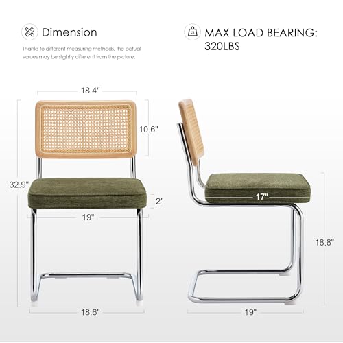 Image of Zesthouse Natural Rattan Dining Chairs Set of 4, Mid Century Modern Dining Chairs with Solid Wood Back & Chrome Base, for Kitchen Living Room, Breuer Design Inspired, Upholstered Linen Fabric, Green