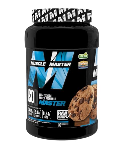 MUSCLE MASTER Iso Master Whey Protein Isolate 900g | Aislado de Suero con DigeZyme y Stevia | Sabor Choco & Cookie | Recuperación Muscular