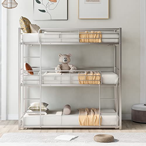 RUNWON Twin Triple Bunk Bed Metal with 2 Front Ladders ...
