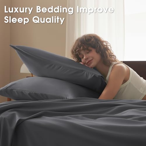Image of Cal King 4 Piece Sheet Set - Comfy Breathable & Cooling Bed Sheets Set, Soft and Wrinkle Free, Deep Pockets, Easy & Secure Fit, Hotel Luxury Bedding - Oeko-Tex - Dark Grey