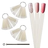 Beauticom 150 Natural Acrylic False Tip Sticks with Metal Ring Holders Fan-Shaped Nail Art Display Chart Practice Tips Tool - 150 Tips