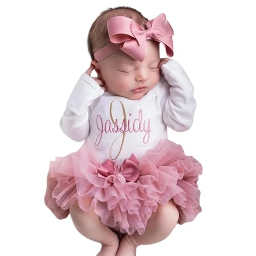 Custom Newborn Baby Girl Outfits With Name,Personalized Coming Home Clothes With Romper+Tutu Skirt+Headband Perfect Gifts For Baby Girl Shower Christmas