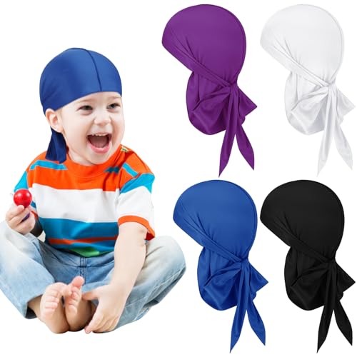 4 Pcs Baby Satin Durags Kids Satin Durags Dinosaur Outer Space Car Animals Headwraps with Long Tail for Baby Toddler Boy Girl (Solid Style)