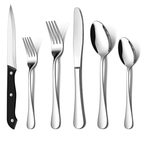La Mejor Recopilación de Tenedor Top 10. 38 IMLUCKY - Juego de Cubiertos de Acero Inoxidable de 24 Piezas - Juego de Cubiertos con Cuchillo para Carne - Cubiertos Brillantes con Cuchillo/Cucharas/Tenedores para 4 (Plata)