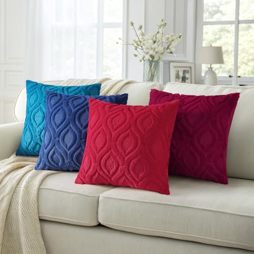 decorUhome Fall Throw Pillow Covers 16x16 Inch Set of 2, Soft Plush Decorative Faux Fur Dark Blue Solid Couch Pillow Covers, Accent Farmhouse Neutral Square Euro Pillow Cases for Sofa Bed Living Room