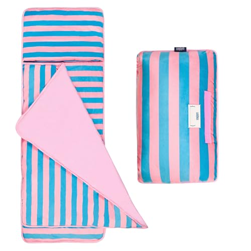 Image of Wildkin Kids Velour Nap Mat for Girls - Soft & Cozy Toddler Sleep Mat with Built-in Blanket for Daycare, Preschool, Kindergarten & Travel, Ages 3-7, Machine Washable - Pink Stripes