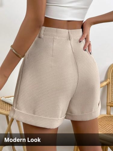 Image of Leriya Fashion Women's High Waist Tailored Shorts, Ribbed Poly Lycra Blend Summer Shorts with Pockets & Button Closure, Elegant Folded Hem Casual Wear for College, Brunch & Daily Outings