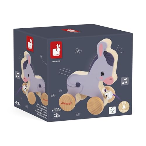 Janod Esel aus Holz mit Glöckchen-Lernspielzeug zum Ziehen und Schieben-Motorische Fähigkeiten und Vorstellungskraft-50cm Schnur für kleine Hände-FSC-Zertifiziert-Ab 12 Monate, J03323