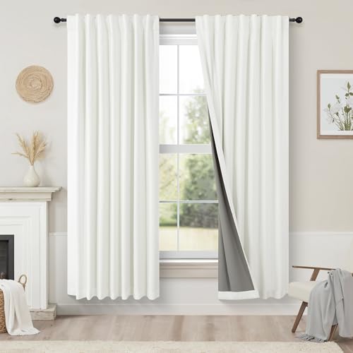 Pitalk Bedroom Blackout Curtains 63 Inches Long 2 Panel Thermal Curtain for Summer Heat Dining Living Room Darkening Back Tab Short Drapes for 62 Inch Window Length Boho Linen Textured Ivory Off White