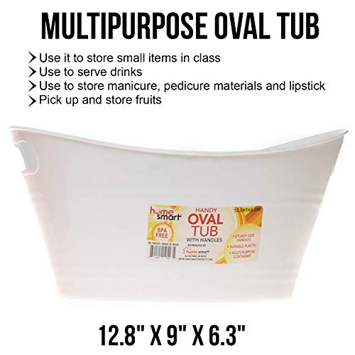 Oval plastic storage tubs with handle - Small size: (12.8" x 9" x 6.3") - Oval plastic tub with handle - beverage and ice bin - store small items at home, classroom, beauty salon. (Pack of 4 white)