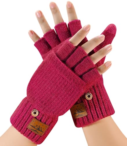 CHENMEI Fingerlose Handschuhe Herren und Damen - Halbfingerhandschuhe mit Kappe,Winter Flip Handschuhe mit Berührung,Fäustlinge Handschuhe mit Alpakawolle,Winterhandschuhe...