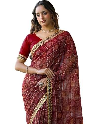 Image of SIRIL Women's Georgette Bandhani Printed Saree with Unstitched Blouse Piece