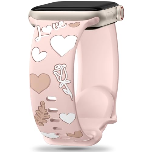 Witzon Cute Floral Band Compatible with Apple Watch Bands for Women 46mm 45mm 44mm 42mm 49mm 41mm 40mm 38mm, Engraved Flower Soft Silicone Dressy Strap for iWatch Series 11 10 9 8 7 6 5 4 SE 3 2 1