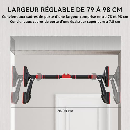 SPORTNOW Barre de traction réglable de 80 à 110 cm, barre de porte niveau intégré, structure triangulaire robuste, sans perçage, support à 6 points, poignées antidérapantes, jusqu'à 225 kg, noir – Image 4