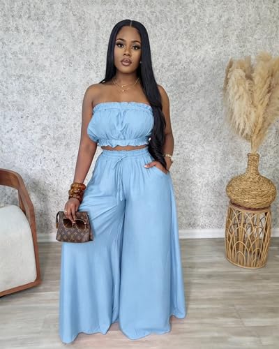 Image of Two Piece Sets for Women Summer Outfits Crop Tops and Wide Leg Pants Sets Sexy Jumpsuits Vacation Outfits with Pockets