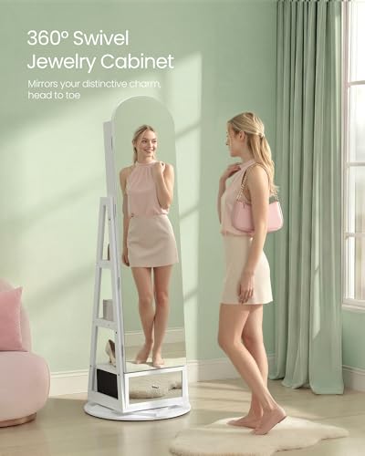 Image of SONGMICS 360 Swivel Jewelry Cabinet, Full-Length Arched Mirror with LED Lights, Magnifying Mirror, Storage Shelves, Drawer, Cloud White UJJC030WB01