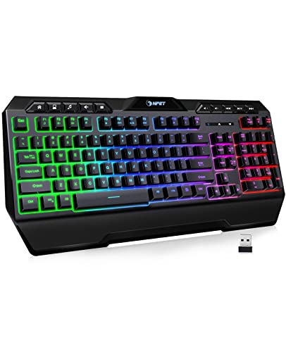 NPET K32 Wireless Gaming Keyboard, LED Backlit Computer Keyboard with 10 Dedicated Multimedia Keys & Wrist Rest, 2.4G Rechargeable Ergonomic Keyboard for Windows Desktop Computer PC