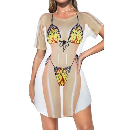 elescat Women's Beach Cover Up Bikini Printed Short Sleeve Tshirt Dress Baggy Cute Coverups Small Flame Pattern