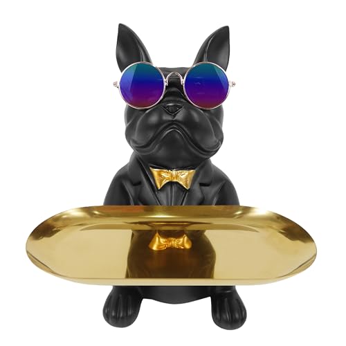 Cozy Villa French Bulldog Tray Statue, Black Frenchie Sculpture with Gold Tray for Entryway Table Living Room Decor, Frenchy Butler Figurines Birthday Housewarming Gifts for Dog Lovers