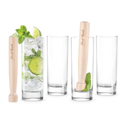 Final Touch Mojito Glasses & Wooden Cocktail Muddler Set - Tom Collins Highball Glassware Set,...
