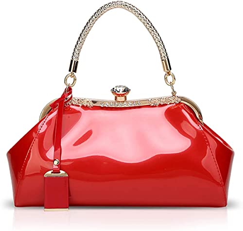 RTGGSEL Diamond Crystal Glossy Patent Leather Top Handle Tote Handbag for Women Bag Evening Wedding Shoulder Bag Satchel Purse (Red)