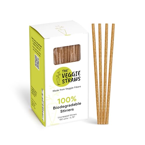 The Veggie Straws – 150 PCS of 4.75 Inches Unwrapped Biodegradable Drink Stirrers – Made of Vegetable Fibers, Best Cocktail Stirrers for Drinks of All Kinds