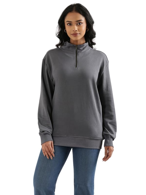 Image of SAADAA Unisex Zip Neck Sweatshirt | Quarter Zip High Neck | Cotton-Blend Fleece| Winter Wear Sweatshirt with Pockets | Casual Fit