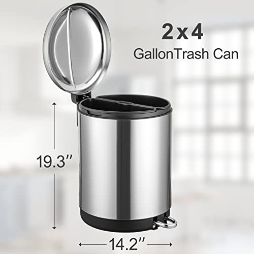 Image of Dual Trash Can, 2 x 4 Gal Garbage Can, 2 Compartments, Steel Pedal, Plastic Inner Buckets and Soft-Close Lid, Round Stainless Steel Hands-Free Kitchen Recycle Bin
