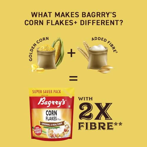 Image of Bagrry's Corn Flakes Plus 1.2kg | Original and Healthier | Low Fat & Cholesterol | Added Fibre | Toasted & Crunchy Prebiotic Breakfast Cereal | No Added Preservatives (Pack of 3)