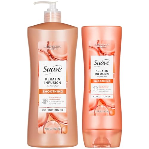 Suave Keratin Infusion Smoothing Conditioner 2-Size Bundle Gentle Everyday Moisture for Smooth Manageable Hair 48H Frizz Control