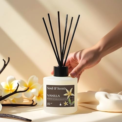 Image of Soul & Scents 50ml Vanilla Reed Diffuser Set | Blend of Toasted Coconut, Vanilla & Musk | Get 5 Rattan Reed Sticks | Smoke Less Room Freshener for Home, Bedroom, Living Room & Office