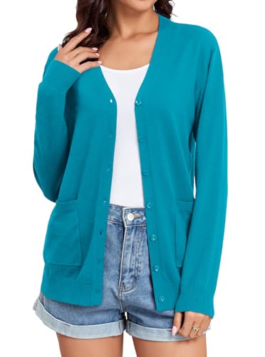 Image of Women's Lightweight Button Down Cardigan Sweaters Long Sleeve Classic V Neck Knit Soft Shrugs with Pocket