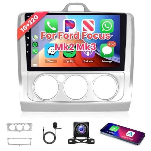 Android Car Stereo for Ford Focus Exi MT 2 3 Mk2/Mk3 2004-2011 with Carplay, 9 Inch Touch Screen Car Radio with GPS Navigation Bluetooth FM HiFi WiFi Android Auto + AHD Backup Camera