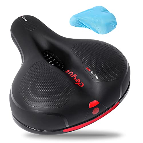 Selle de vélo - Selle en mousse à mémoire de forme avec housse de pluie - Design creux ergonomique - avec bande réfléchissante pour la jambe (noir)