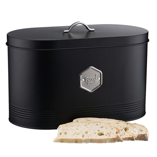Cooks Professional Bread Bin | Modern Stylish Kitchen Countertop Labelled Metal Storage Canister | Breathable Container Box for Loaves, Pastries, Rolls | Black & Silver - Cosy Home Interiors Cooks Professional Bread Bin | Modern Stylish Kitchen Countertop Labelled Metal Storage Canister | Breathable Container Box for Loaves, Pastries, Rolls | Black & Silver