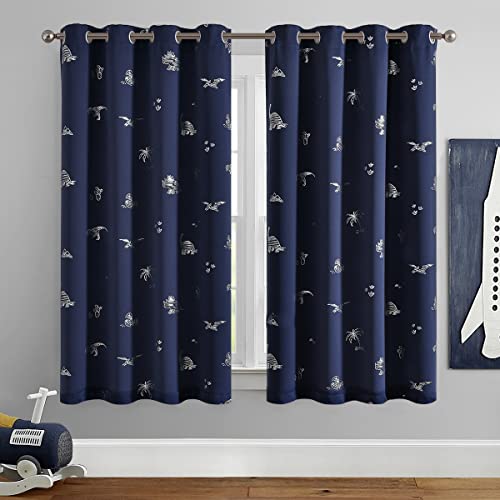 Vangao VGUSBLKDNGM-5263S17 Navy Blue Blackout Curtains Dinosaur Curtains For Boys Kids Nursery Girls Room Silver Dino Foil Print Thermal Insulated Grommet Top Window Drapes 63 Inches Length 2 Panels thumb #1