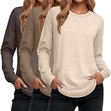 Ficerd 3 Pack Women's Long Sleeve Shirts, Cotton Crew Neck Tunic Tops Casual Loose Fit Pullover Sweatshirts Curved Hem Shirts(Dark Brown, Coffee, Apricot,Medium)