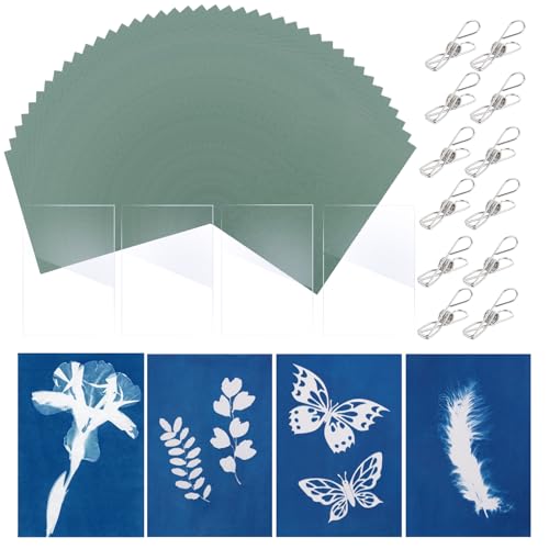 LOPYXBR 96 Sheets A5 Cyanotype Paper Kit 21x14.8CM Premium Sun Print Paper Kit with Acrylic Panel and 12 Clips Blue Light Sensitive Papers Solar Printing Papers for Artistic Creation DIY Projects
