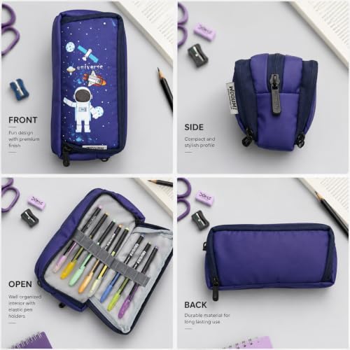 Image of Wooum Large Pencil Case with 3 Compartments, Big Capacity Pencil Pouch for School Boys Girls College Students & Teachers Aesthetic Practical Stationery Pouch for Pens Pencils (Jet Blue (Universe))