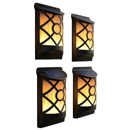 Image of GEEZY Flame Effect Solar Wall Lights, Set of 4 - Wall Mounted LED Torch Lamp with Flickering Flame - Water & Weatherproof Auto Dusk to Dawn Outdoor Lighting for Garden, Fence, Patio & Alley