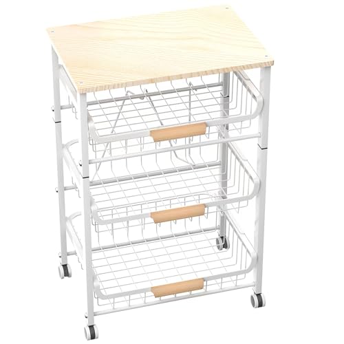 NiuYichee 4-Layer Fruit Basket Kitchen Food Storage Organizer and Storage Rack, Stackable Storage cart with Desktop, Pull-Out Hollow Metal Storage Basket, liding Out Storage,White