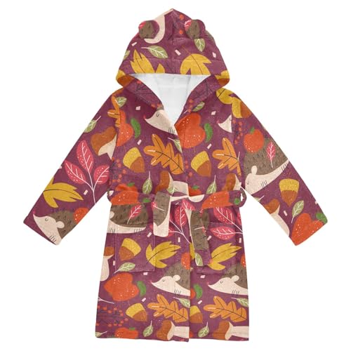WIFIU Toddler Baby Hooded Bathrobe for Boys Girls Hedgehog Mushroom Autumn Leaves Printed, Soft Plush Bath Towel Robe with 2 Pockets for 10-12 Years