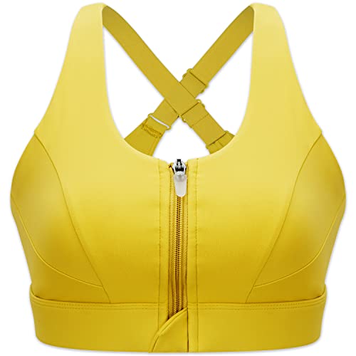 Cordaw Zip Front Sports Bra Adjustable Straps High Support Medium Impact Zipper Front Hook Running Bra Crisscross Padded (Yellow, Large) #TOP10