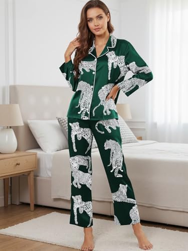 Image of Brosloth Women's Silk Satin Pajamas Pjs Sets Cute Lace Pattern Two Piece Loungewear Set Button Up Pajamas Sleepwear Black
