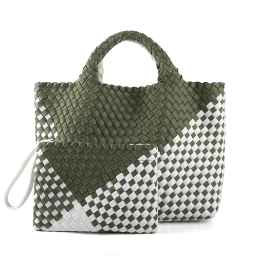 Image of Woven Bag for Women, Neoprene Tote Bag Summer Beach Handbag Purse Retro Handmade Travel Shoulder Bag Set