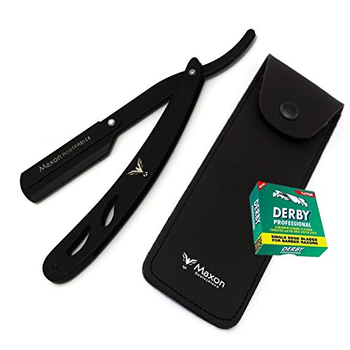 Maxon Derby Scheermes, 2 PB, 100 scheermesjes, lederen etui, roestvrij staal, vervangmessen, scheerset voor heren, verwisselbare messen Ustura - Straight Razor Shaving