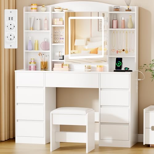 ANWBROAD Grande Coiffeuse avec Miroir et Éclairage LED Coiffeuse avec Plateau en Verre,Tabouret,Prise et Rangement Bijoux Table de Maquillage avec 9 Tiroirs 7 Étagères 7 Crochets Moderne Blanc BDT21W