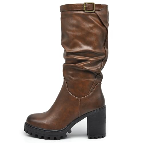 IF FASHION Stivali Arricciati Al Polpaccio da Donna In Pelle Sintetica Con Tacco Grosso Plateau Fibbia G693 brown N.39