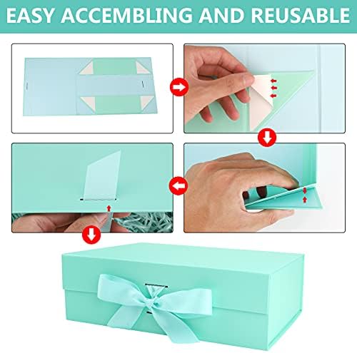 Luxury Magnetic Gift Box,Rectangle Gift Box with Magnetic Lids,Silk Ribbon,Greeting Card,20 Grams Shredded Tissue Paper and Paper Gift Bag Folded Gift Boxes for Present Birthdays Anniversary MintGreen