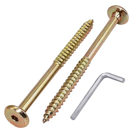 (Pack of 10) Yellow Zinc Plated Hex Socket Head Furniture Connector Bolts 1/4" x 1-9/16" (6.5 x 40 mm), Flat Head Furniture Bolts for Wood, with Hex Key Included